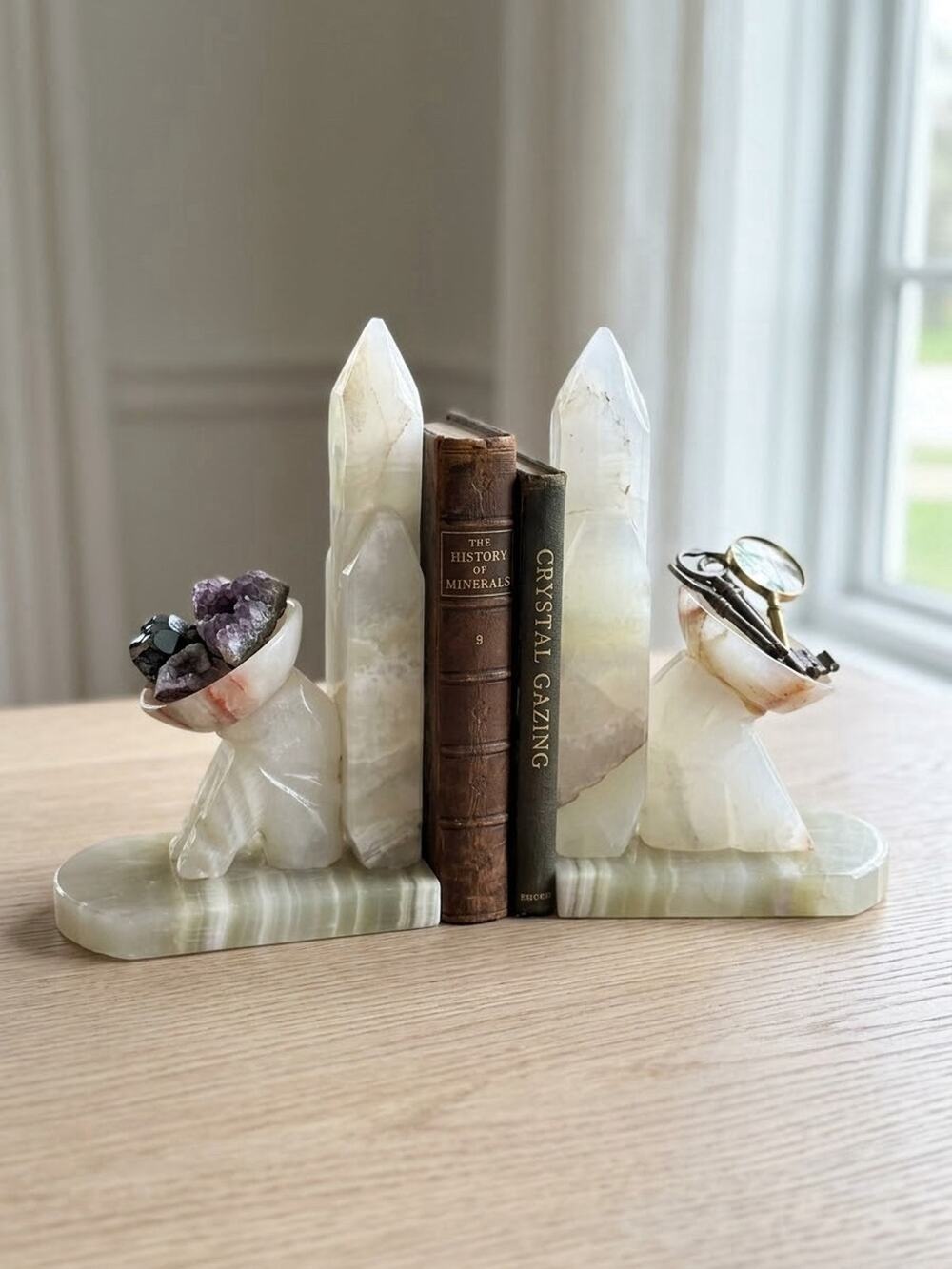 Vintage Carved Green Onyx Obelisk Bookends with Kneeling Figures & Bowls Stone